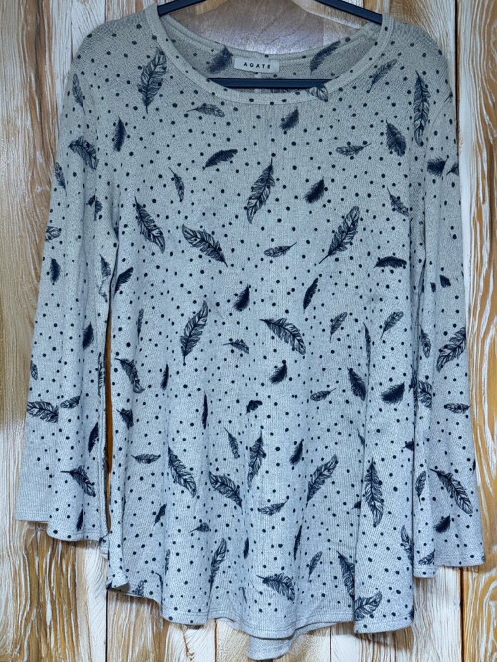 AGATE Feather Polka Dot Bell Sleeve Thermal Knit Top Beige Black